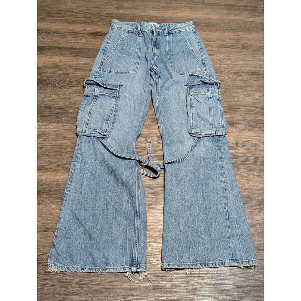 Zara Womens Light Wash Blue High Rise Cargo Flare Wide‎ Leg Denim Jeans Size 4
